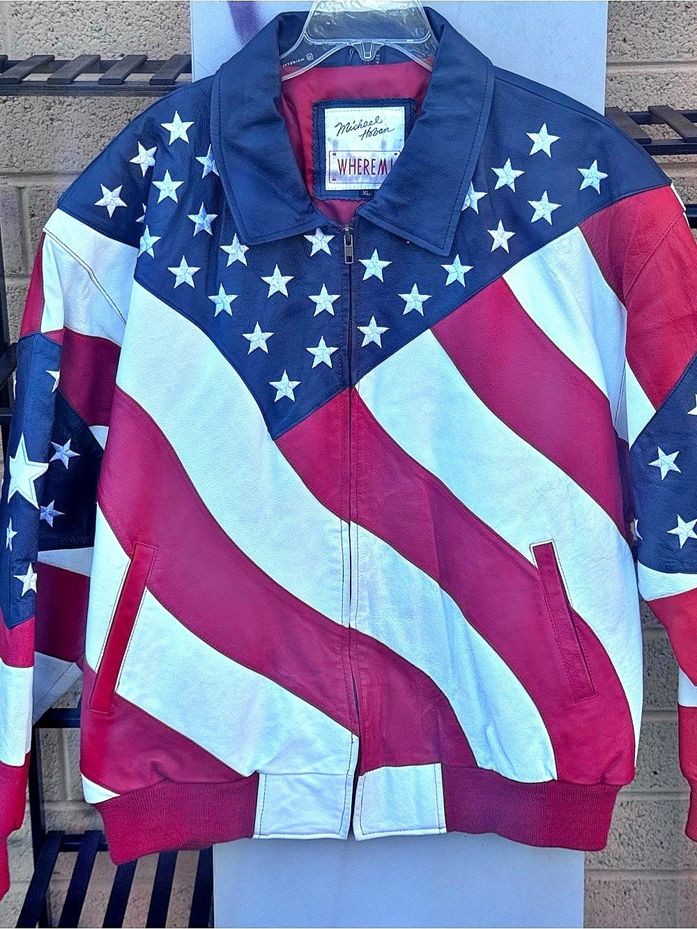 Vintage Michael Hoban WhereM I American Flag Leather Bomber Leather Jacket XL